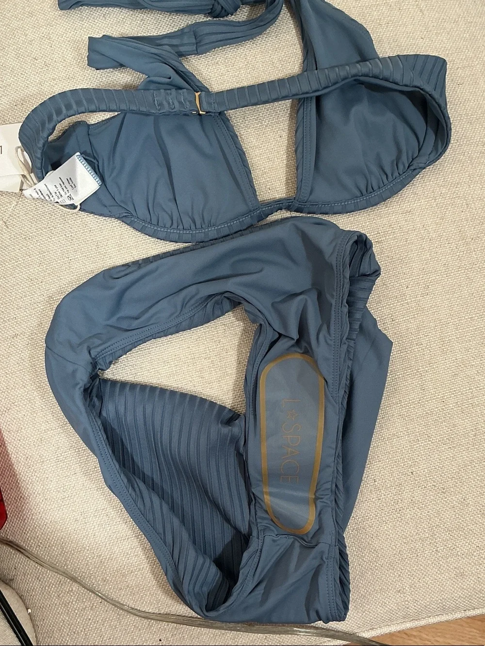 NWT L*SPACE Ribbed High-Waist Bikini Set Slate Blue Underwired Halter Bra Sz S